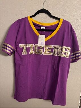Purple V-Neck Tigers Sequin Tee with Gold Trim